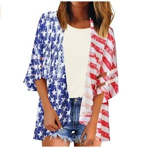 Open Front USA Flag 3/4 Sleeve Mesh Kimono